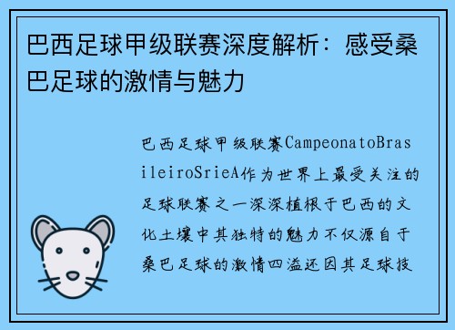 巴西足球甲级联赛深度解析：感受桑巴足球的激情与魅力