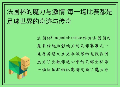 法国杯的魔力与激情 每一场比赛都是足球世界的奇迹与传奇